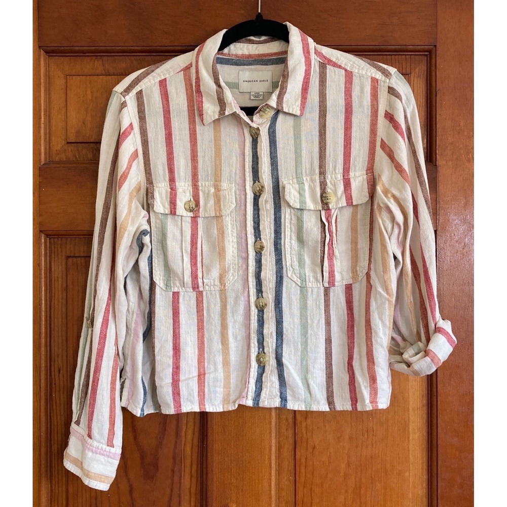 American Eagle Womens S Cropped Striped Linen Blend Button Up Shirt Coastal Boho